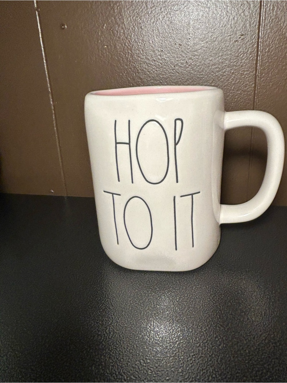Rae‎ Dunn "Hop To It" White Ceramic Mug with Pink Interior